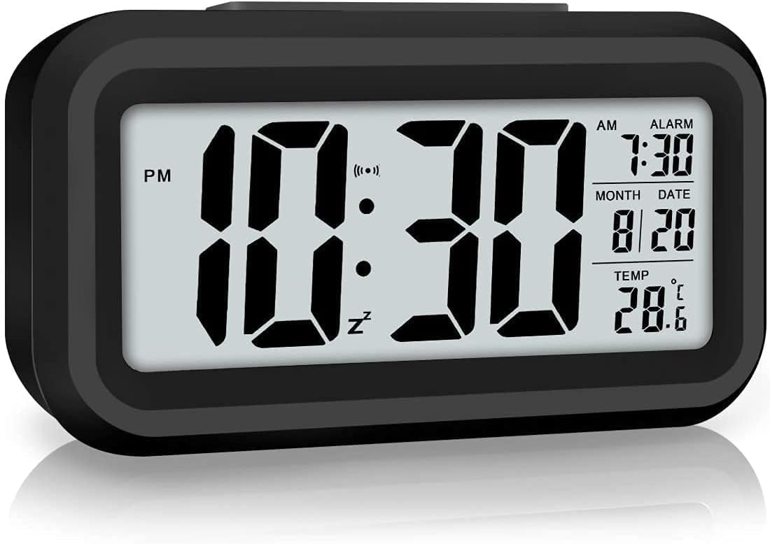 AERYS Digital Alarm Clock with Automatic Sensor, Date and Temperature Display, Compact Desk Table Clock for Students