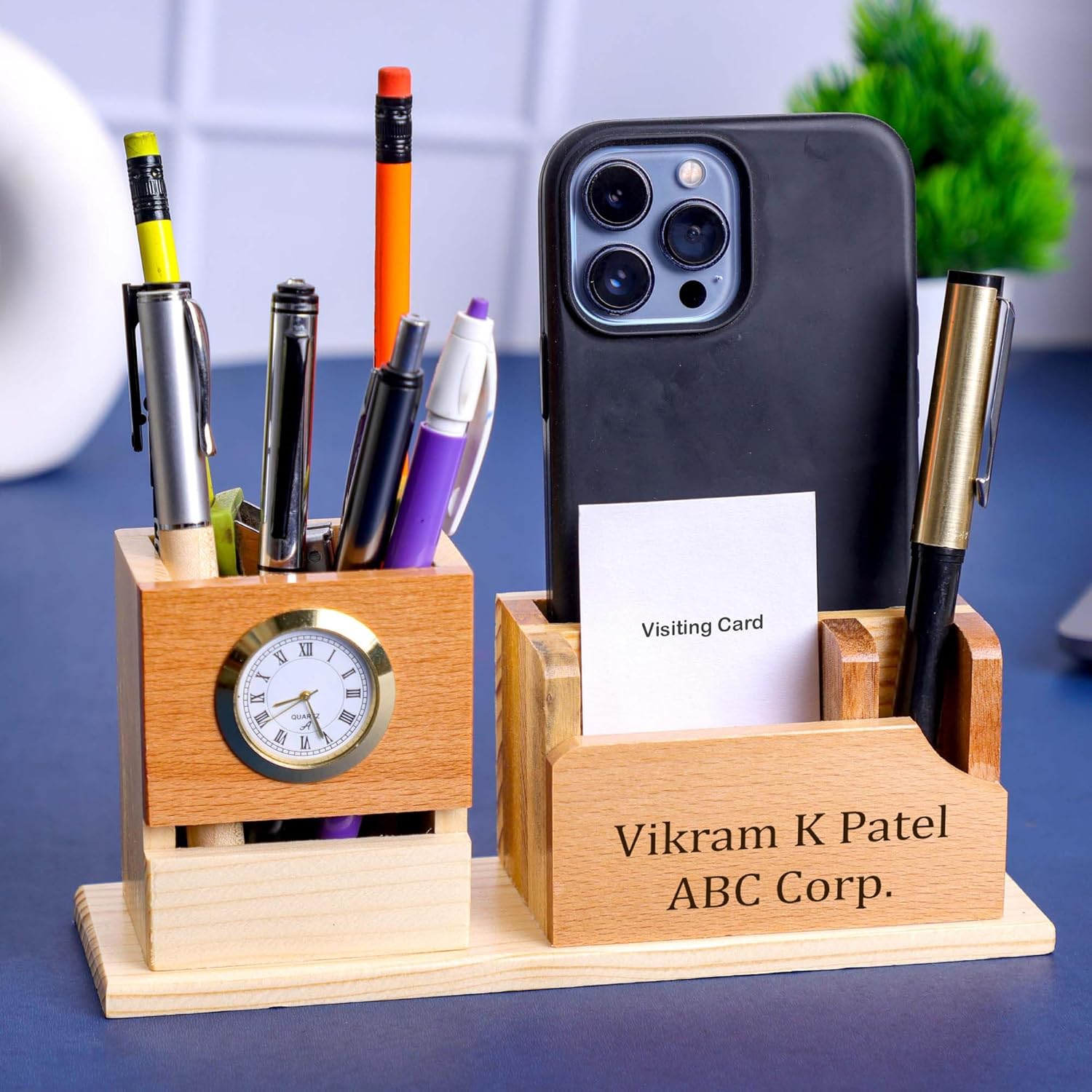 Deskart Customized Multipurpose Pen Holder Stand | Premium Wooden Desk Organizer with Clock, Business Visiting Card and Mobile Holder